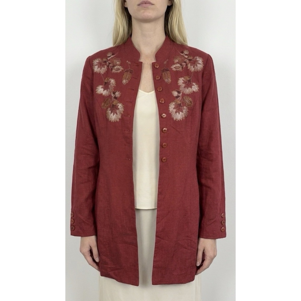 Dialogue Jacket Womens Embroidered Flower Linen Asian Country Longline Red‎